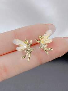1對可愛精緻的輕奢鑲鑽跳舞精靈仙女耳環宴會聚會禮物 - 金黃色 - 查看 1
