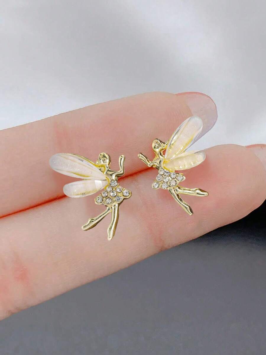 1對可愛精緻的輕奢鑲鑽跳舞精靈仙女耳環宴會聚會禮物 - 金黃色 - 查看 1