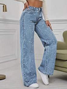 Women's Solid Casual Denim Straight Pants, Pearl Embellishment For Elegance, Loose & Non-Bulky, Office/Casual Long Pants - 中等水洗藍 - 查看 3