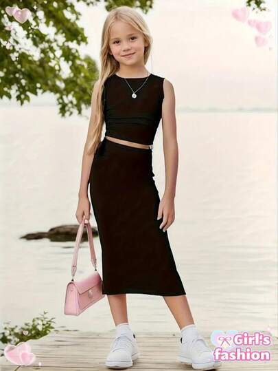 2pcs/Set Girls Dress With Casual Solid Color Pleated Decor Camisole Set