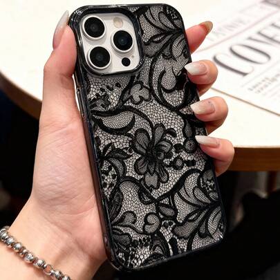 1pc Lace Pattern Black TPU Shock-Proof Elegant Protective Phone Shockproof Case Fashion Phone Cases Compatible With IPhone 17 Pro Max/17 Pro/17/16 Pro Max/16/16 Pro/16 Plus/15/15 Pro Max/15 Pro/15 Plus/11/12/13/14 Pro Max/11 Pro Max/12 Pro/12 Pro Max/13 Pro/13 Pro Max/14 Pro/14 Pro Max/14 Plus Great Gift For Family Couples Friends Anniversary Wedding Birthday Gift Party Spring Cover