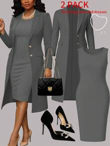 Plus Size Women's Elegant 2-Piece Set, Solid Color Minimalist Versatile Long Cardigan Jacket + Bodycon Mid-Length Dress, Suitable For Commuting And Daily Wear, Spring/Autumn/Winter - Gray 9+73 - View 2
