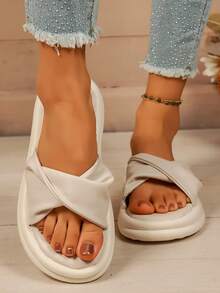 Modische hochwertige Sommer Neuheit Strandurlaub Outdoor vielseitige Dicker Sohle Weiche Sohle Slip-On Kreuz-Riemen Offene Zehen Komfortable Exquisite Lässig Dicker Sohle Flache Sandalen für Frauen - Beige - Übersicht 1