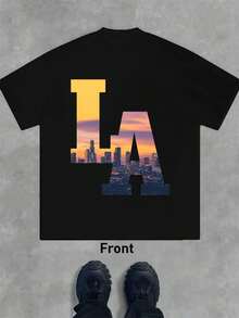 Camiseta con estampado del horizonte de Los ángeles. Tela de calidad, cuello redondo, corte holgado, cómoda, dise?o gráfico. - Negro - Ver 2