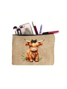 1pc Highland Cow Pattern Makeup Bag, Yellow Linen Cosmetic Bag, Simple Large Capacity Toiletry Bag, Wallet, Casual Organizer Bag, Travel Storage Bag, Stylish Coin Purses, Multi Functional Shopping Bag, Portable Clutches, 4 Styles Are Available, For Daily, Vacation, Beach, Travel, Commuting, Camping, Christmas, Thanksgiving, Valentine'S Day, New Year'S Gift - Multicolor - View 13