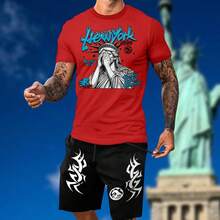 Conjunto Masculino Camiseta Algodão Premium Estátua da Liberdade New York + Shorts com Cordão Streetwear Casual LANÇAMENTO Primavera Verão - Vermelho - Visão 2