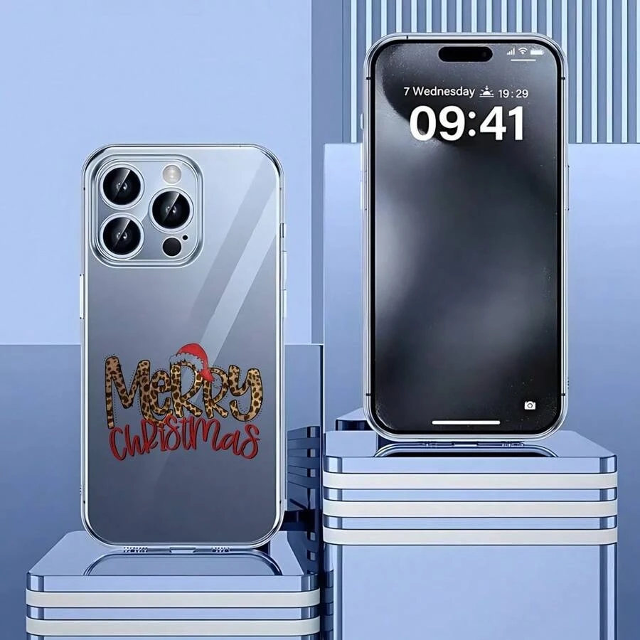 Cubierta de teléfono transparente para combinaciones de moda,Cubierta de teléfono transparente con diseño de estampado de leopardo y texto Merry Christmas para iPhone 14 Pro Max color gris claro ideal para temporada navideña Adecuado para teléfonos Apple y Galaxy. - transparente - Ver 1