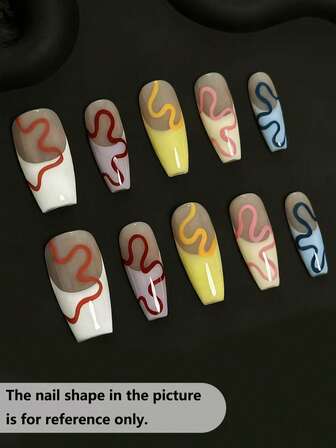 10Pcs Playful Artistic Colorful French Pipe-Shape Press On Nails Set - Handcrafted, Inspired By Flower-Shaped Clouds In , Colorful Wavy Lines Design Like Colorful Flower Clouds In Bikini Bottom Sky, Multi-Color Splicing With Lively Layers, Fresh Transparent Nail Texture