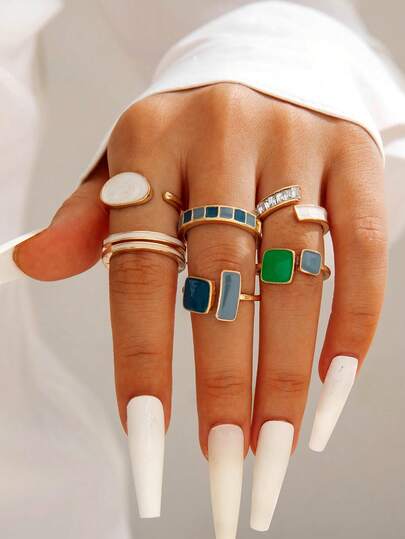 6pcs/Set Vintage French Geometric Square Crystal Luxury Minimalist Adjustable Stackable Rings For Women, Suitable As Gift For Dates, Gatherings With Friends, Photo Shoots