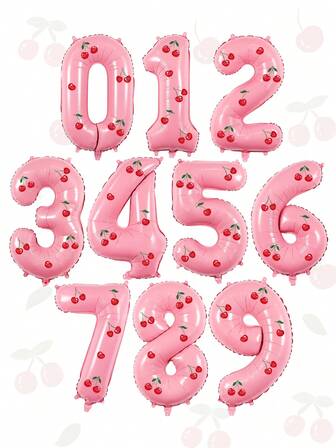 2pcs/Set Cherry Decor Number Balloons, Includes 32-Inch Pink 0-9 Number Balloons, Cherry Stickers Decor, For Birthday Decoration, Cherry Theme Birthday Party, Scene Decor, Room Decor, Birthday Celebration Decor, Shower, Photography Props, Anniversary, Wedding, 1st Birthday, Birthday Party Decoration