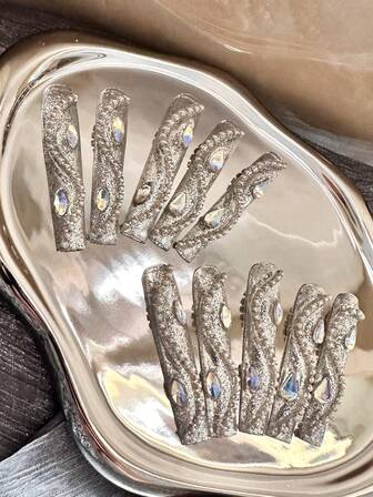 56MM Extra Long Square Nails Handmade Press-On Nails With Transparent Base, Rhinestones, Pearl Chains, Glitters, Hand-Painted Creative Patterns & 3D Dimensional Designs - Full Cover Artificial DIY Glitter False Nails For Parties, Weddings, Photo Shoots & Fashion Events - 10 Pieces/Bag