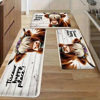 Kitchen Mat With Highland Cow Design & 'This Is My Happy Place!' Text, Wooden Planks Pattern Non-Slip Floor Mat For Kitchen, Cozy & Cheerful Welcome Mat For Dining Area, Living Room & Entr