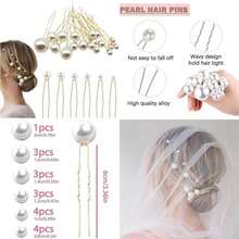 18 Piezas Horquillas De Perlas Para El Pelo, Horquillas de Pelo de Perlas para Novia, Tocado de Novia, 5 Tamaños, en Forma de U, para Niñas, Mujeres, Bodas, Novias, Damas de Honor, Fiestas de Graduación, Joyería Bohemia Vintage Perlas para Cabello (Plata)(Gold) - Multicolor - Ver 1
