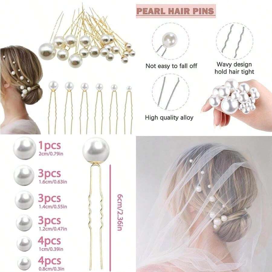 18 Piezas Horquillas De Perlas Para El Pelo, Horquillas de Pelo de Perlas para Novia, Tocado de Novia, 5 Tamaños, en Forma de U, para Niñas, Mujeres, Bodas, Novias, Damas de Honor, Fiestas de Graduación, Joyería Bohemia Vintage Perlas para Cabello (Plata)(Gold) - Multicolor - Ver 1