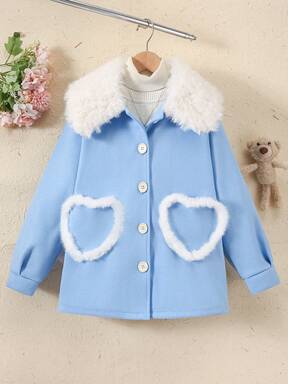 Höst-/vinterkofta för flickor, ullblandad kappa med söta hjärtfickor för tonårsflickor, present till campusstil inför högtiderna