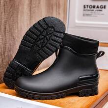 时尚固定式毛绒雨靴，男士低筒短筒雨靴，保暖防水防滑厚底耐穿鞋，适合学生、厨房、涉水、男女情侣穿着 - 黑色 - 查看 4