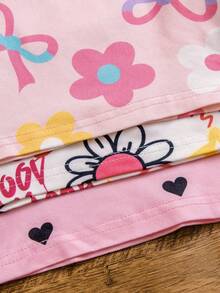 3 Sets (6pcs) Girls & Toddlers Casual Floral, Bow, Letter, Heart Printed Soft, Comfortable, Flame Retardant Knit Long Sleeve T-Shirt And Pants Pajama Set, Suitable For Autumn/Winter Home Wear