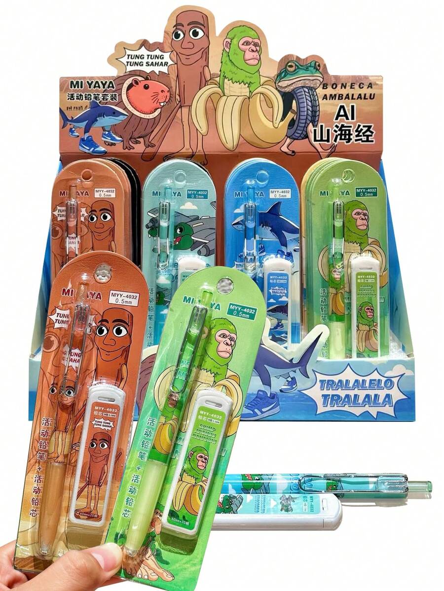 2套意大利Brainrot自动铅笔，配0.5mm铅笔芯，Tung Tung Tung Sahur Tralalero Tralala Press Pencils Kit Bombardiro Crocodilo Lirili Larila Glorbo Frutto Drillo 学生学校办公文具套装 - 彩色 - 查看 1