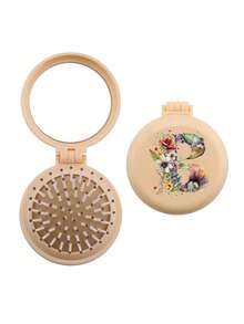 Brodark 1个象牙色和米色花卉图案26字母迷你镜梳，小巧便携，女士必备气垫梳，可折叠气垫按摩梳，镜子和梳子一体设计，旅行和露营配件，返校必备 - 黃色 - 查看 29