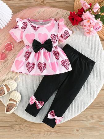 Baby Girls' Summer Short Sleeve Ruffle Sleeve Heart Print Round Neck Top + Butterfly Embroidered Long Pants Casual Outfit
