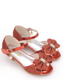Girls' Crystal High Heel Sandals With Bow, Purple Glitter Princess Dress Shoes For Wedding, Party, Flower Girl, Christmas, Casual Wear With Princess Dress - 紅色 - 查看 5