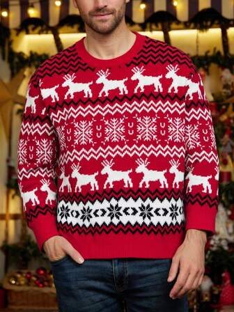 2024 Autumn/Winter Casual Couple's Christmas Round Neck Knitted Snowflake Christmas Sweater Plus Size Sweater For Men And Women Elk Jacquard Round Neck Sweater