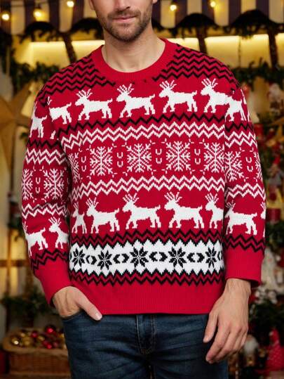 2024秋冬休闲情侣圣诞圆领针织雪花圣诞毛衣男女大码毛衣麋鹿提花圆领毛衣