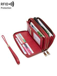 FOREVER MIYIN 復古女款雙拉鍊可折疊大容量錢包，時尚手提包，聚酯纖維內裡，RFID防盜多功能設計，多卡槽信用卡夾，附腕帶女款手拿包，極簡商務風，適合白領女性通勤與度假，生日/教師節/週年紀念/情人節理想禮物 - 酒紅色 - 查看 6