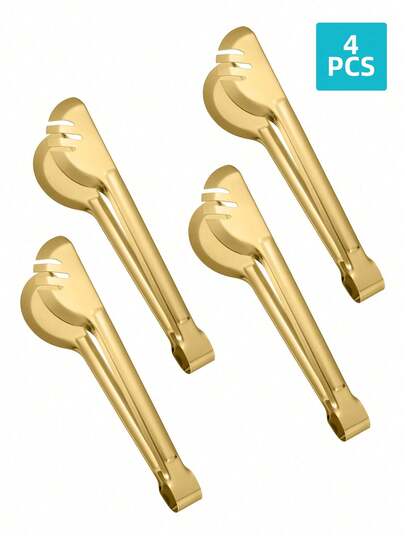 2pcs/4pcs Champagne Golden Stainless Steel Serving Tongs, 9" Easy Grip - Mirror Polished Half-Circle Bread Clamp Service Clips For Steak/Food, Perfect For Buffet & Parties, Kitchen Gadgets