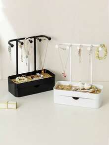 1 件双层珠宝收纳盒，带木质底座，抛光表面，矩形设计，适合桌面使用，多功能悬挂收纳，可存放项链、手镯、耳环、戒指、手表，含挂钩，适合居家珠宝收纳，夏季必备女士收纳收纳礼品旅行