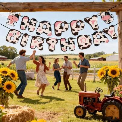 1pc Farm Cow Birthday Banner - Pink & Brown Cartoon Cow Design, Birthday Party Hanging Decor, Birthday Pennant, Suitable For Farm Theme Indoor Outdoor Garden Hanging Decoration, Party Decor, Bachelor Party Decor, Room Decor, Scene Setting Banner, Photo Prop, New Year Decor, Anniversary Party Background Decor, Birthday Party Hanging Flag, Personalized Decor, Ceiling Decor, Party Gift, New Year Gift, Birthday Gift