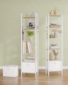 HaluPeit Libreria, Scaffale a 6 Ripiani, 1 Cassetti in Tessuto Pieghevoli, Scaffale Aperto, 24 x 40 x 173 cm, Stile Industriale, Adatta per Studio, Soggiorno, Colore Rovere - Bianco - Visualizzare 3