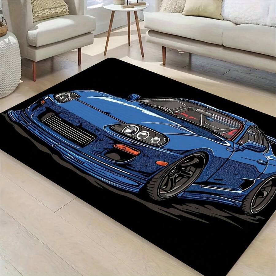 1pc Blue Sports Car Design Area - Non-Slip, Durable Polyester Living Room, Bedroom, Kitchen, Bathroom, And More - Washable, Absorbent, And Stylish Home Decor, Rugs Living Room - 黑色 - 查看 1