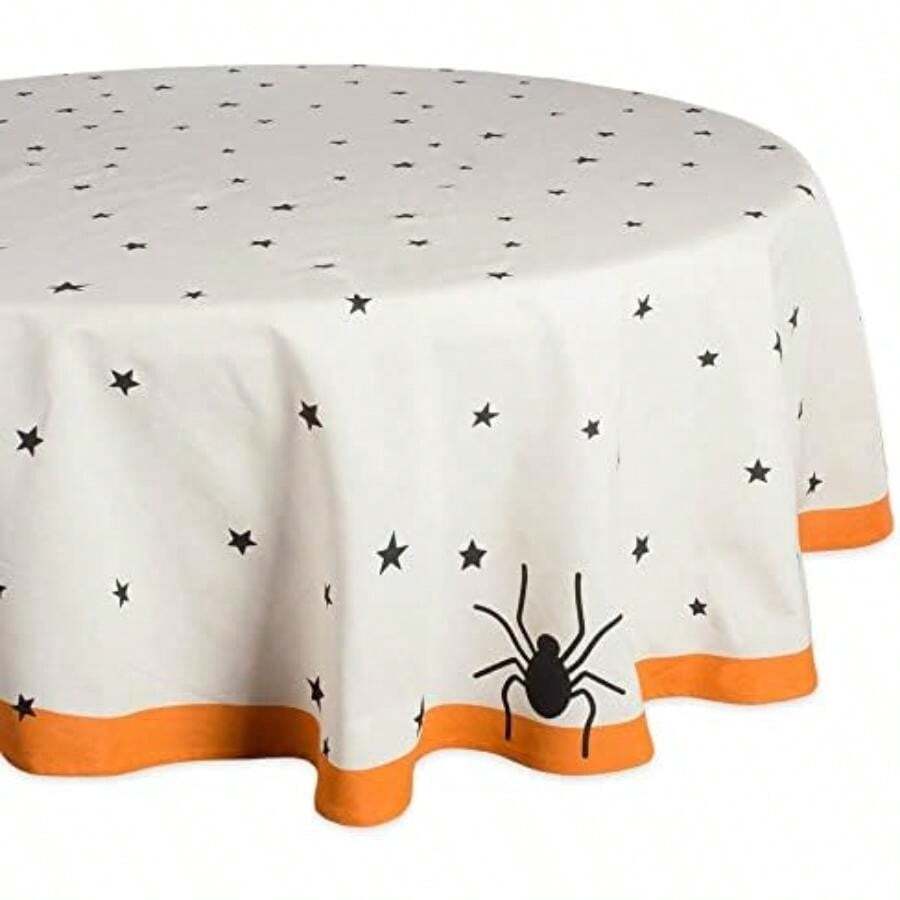 DII Colección de Mesa de Halloween con Estrellas Negras/araña Espeluznante con Borde Naranja sobre Fondo Natural Blanquecino, Lavable a máquina, Camino de Mesa de 14 x 72 Pulgadas(Estrellas negras 177.8 cm (Redondo)) - Multicolor - Ver 1