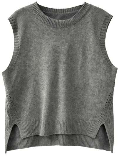 Casual Minimalist Versatile Commuter Pullover Sweater, Christmas Plus Size Women's Sleeveless Vest, Spring/Autumn/Winter, Fashionable Solid Color Round Neck Knit Cardigan With Slit Hem For Plus Size Women