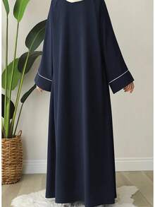 黑色土耳其迪拜中东风格女士宽松长袍，带拉链和腰带，长袖阿巴雅 - 藏蓝色 - 查看 3