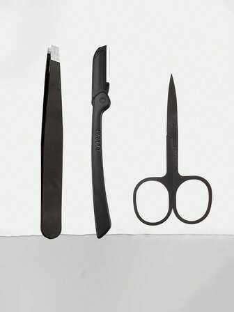 三件套包含：1把修眉刀、1把斜口镊子、1把修眉剪。不锈钢修眉镊子，斜口设计，方便拔除眉毛和面部毛发。可折叠修眉刀，适合初学者。尖头修眉剪，不锈钢小巧修剪剪，是居家美容的理想工具，价格实惠，适合作为圣诞礼物、化妆品、化妆工具等。