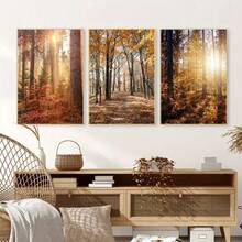 3 قطع/مجموعة ملصق كانفاس، فن حديث، غابة صفراء خريفية مع مناظر طبيعية مشرقة، لوحة زيتية، هدية مثالية لغرفة النوم وغرفة المعيشة والممر، ديكور الحائط، ديكور الخريف، ديكور الغرفة، بدون إطار 50x70سم/19.68x27.55بوصة