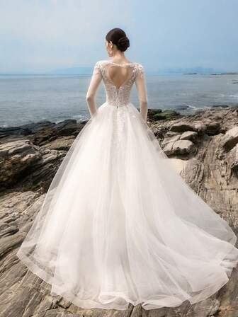 HEARBOBO  Elegant White Lace Long Sleeve Formal Evening Prom Wedding Dresses, For Graduation, Dinner