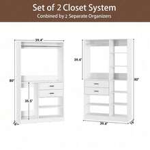 110'' Set Of 3 Corner Closet Organizer System With Wood Drawers And Hanging Rods - trắng - Xem 6
