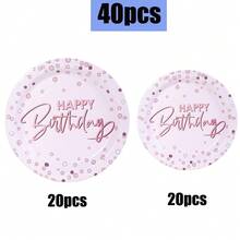 10/20/40/50 piezas, Platos de fiesta de cumpleaños en color oro rosa - Vajilla elegante en oro rosa con letras de "Feliz Cumpleaños", platos de postre y cena con estampado de puntos en oro rosa y diseños de cumpleaños para celebraciones de cumpleaños de familias de niños y niñas, para fiestas de princesas, despedidas de soltera y decoraciones de fiesta de cumpleaños en fines de semana y días festivos - Oro rosa - Ver 9