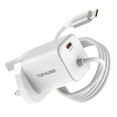 Topadre 30W USB-C Fast Charger (With 1.5m Braided Cable), GaN Wall Charger, PD Adapter, Compatible With Android Phones Such As Galaxy S25, S24, And Pixel Series.