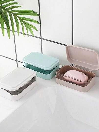 Double-Deck Soap Dish With Lid, Minimalist Travel Soap Box With Cover, Creative Soap Dish With Drainage System, Portable Soap Container, Sealed Dust-Proof Soap Storage Box, Transparent Storage Container Suitable For Bathroom, Travel, No Drilling Required (Box Only), Non-Slip Base, Durable Plastic Container For Home, Dorm, Travel, Bathroom Accessories