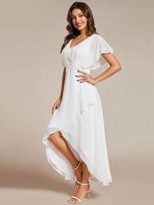 Elegant V Neck Chiffon Midi Bridal Shower Dress With Short Sleeves Contrast Lace Wrap Detail High Low Hem White Dress - White - View 3