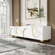 TV Cabinet, Lowboard With Structured Towers, TV Furniture With Drawers, Open Compartments, Gold Handles And Gold Feet - White - View 7