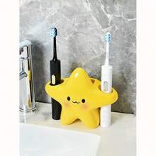 1 Cute Star-Shaped Plastic Toothbrush Holder - Freestanding Bathroom Organizer With Adorable Face Design, Durable Plastic Construction, Space-Saving Toothbrush And Toothpaste Stand - 黃色 - 查看 5