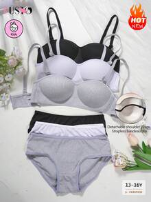 6pcs/Set Teen Girls Underwear Set - Wireless Lightly Lined Bras And Panties - Ribbed Stitching, Detachable Straps For Strapless Comfort. Simple Bra Set, Suitable For Young Girls. 3 Sets - Multicolor - View 5