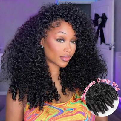 Peluca media cabeza de cabello humano rizado birmano de 3 en 1, peluca media cabeza sin pegamento con diadema y cordón, 20 pulgadas, color negro natural, para mujeres