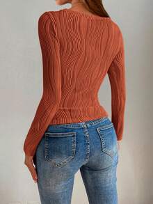 Women's Basic Solid Color T-Shirt Autumn Long Sleeve Round Neck Texture Fashion Casual Top - Đỏ gạch - Xem 3