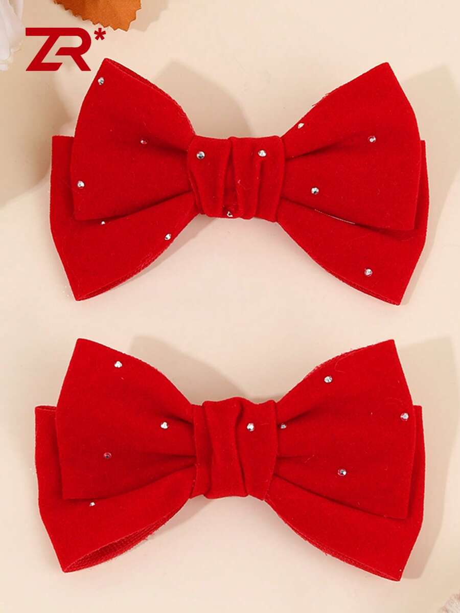 2pcs New Year Rhinestone Bow Hair Clips, Suitable For Girls And Teenagers, Alligator Clips, Autumn/Winter Hair Accessories, Women's New Year Gift, Bow Hair Clips, Claw Clips, Hair Clips